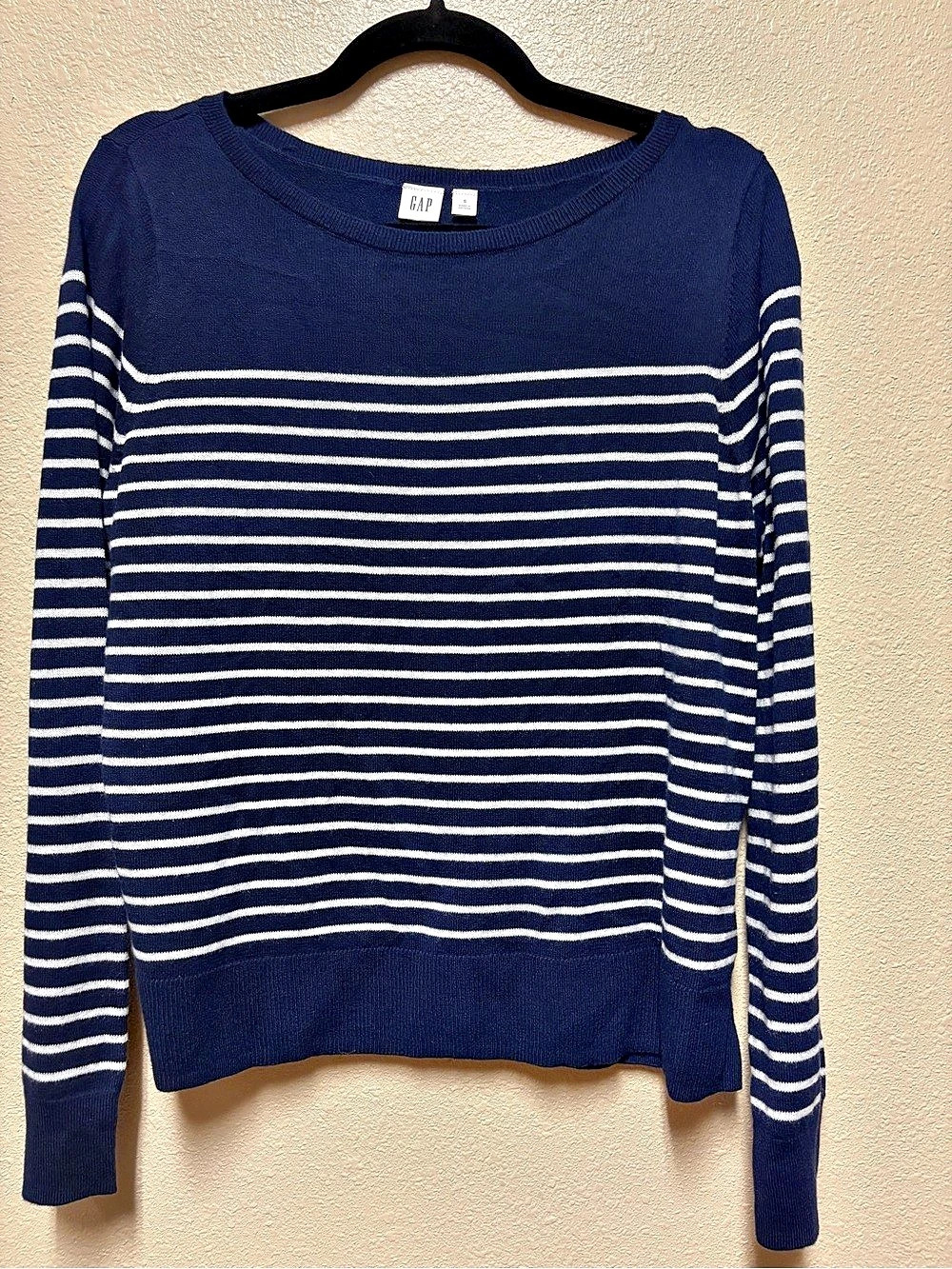 GAP Navy and White Striped Boatneck Sweater Blue & White Small